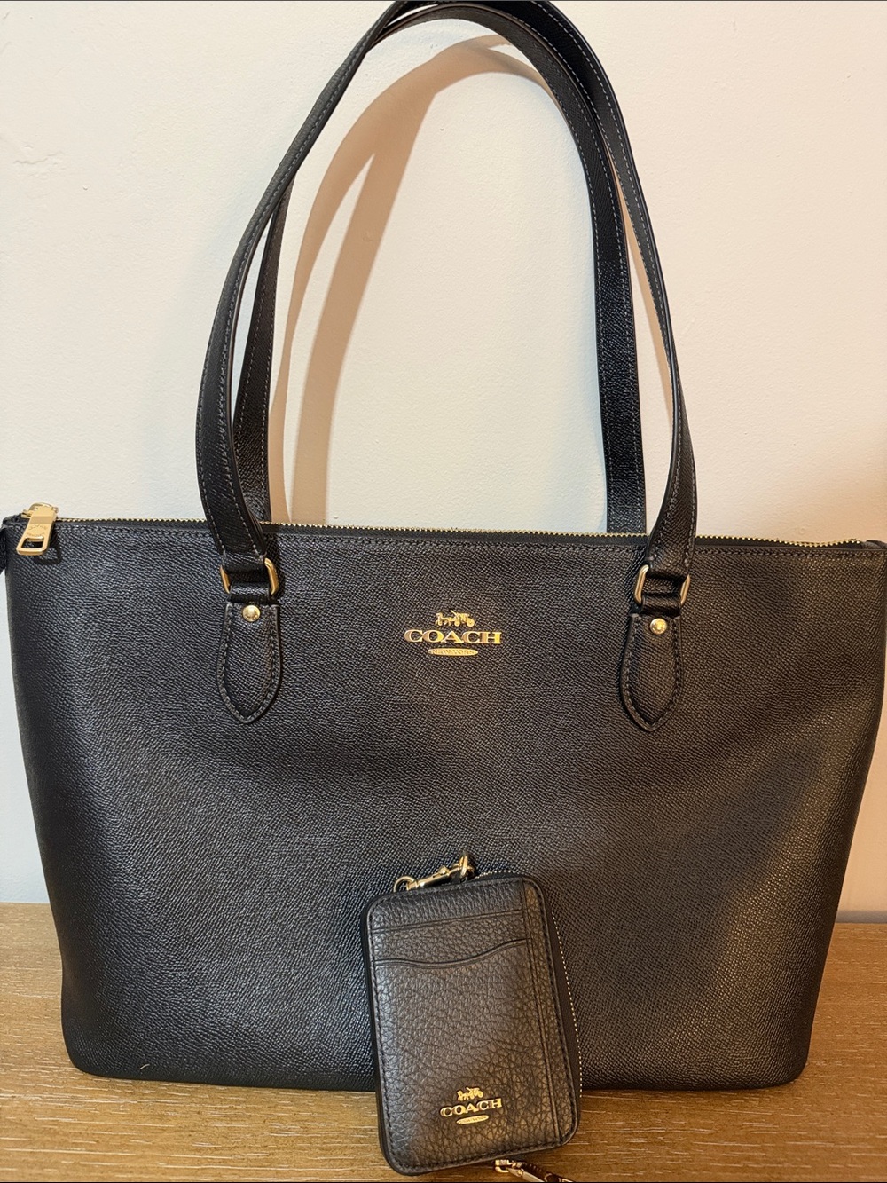 Coach Black Crossgrain Leather Gallery Tote & Matching Mini Skinny ID Wallet Set